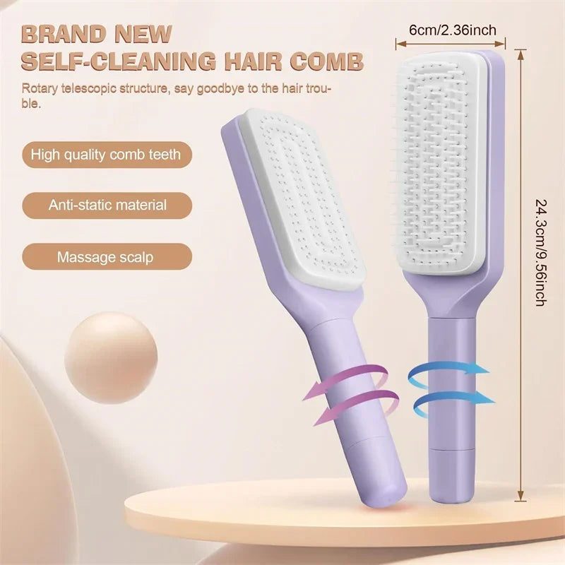 Automatic Self Cleaning Hairbrush, Rotating, Retractable And An Anti Static Massage Comb