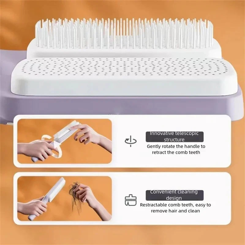 Automatic Self Cleaning Hairbrush, Rotating, Retractable And An Anti Static Massage Comb