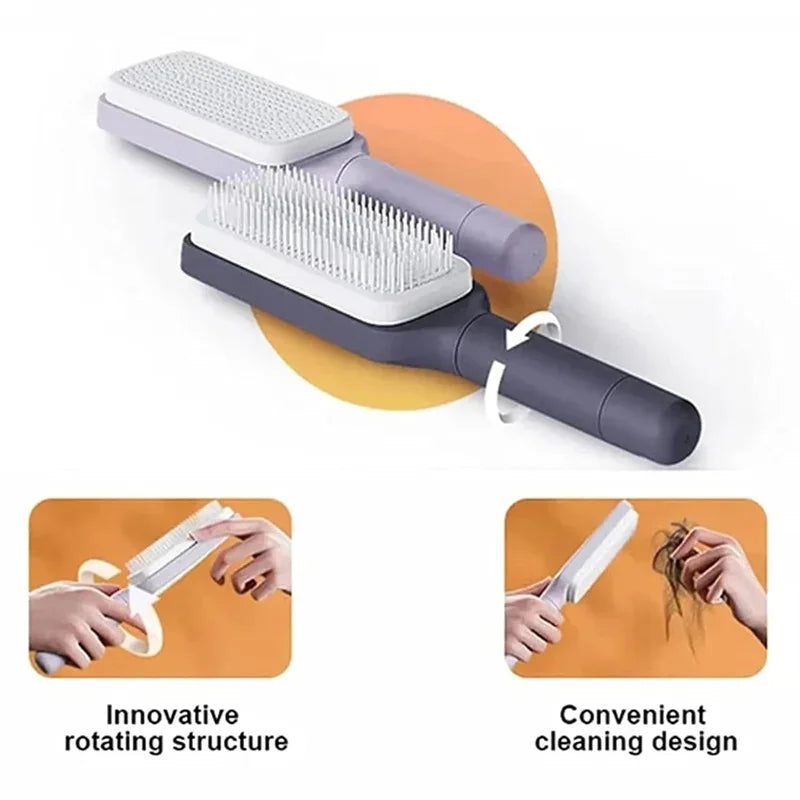 Automatic Self Cleaning Hairbrush, Rotating, Retractable And An Anti Static Massage Comb